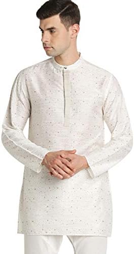 Shatranj Men's Indian Band Collar Mid-Length Tunic Kurta Space Dobby Print