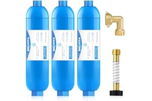 BELVITA RV Inline Water Filter with Solid Brass 90 Degree Elbow & Flexible Hose Protector, NSF Certified Reduce Chlorine, Odo