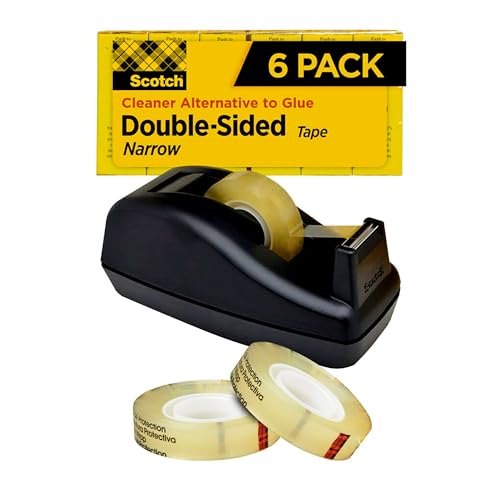 Scotch Doppelseitiges permanentes Klebeband, 6 Rollen, 1 Spender, schmales Klebeband, 1,27 cm. x 2,286 cm, transparent, stark klebend für Scrapbooking