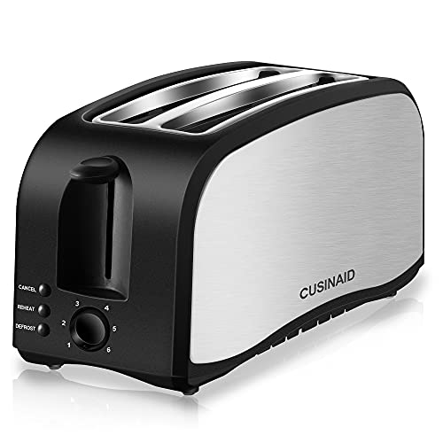 Toaster 4 Slice, CUSINAID 2 Long Slot Toasters with Defrost, Reheat