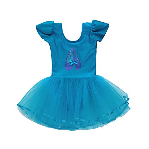 Toddler Girls Gauze Leotards Bodysuit Dancewear Dress Short Sleeve Ballet Skirts (Blue, 24M)