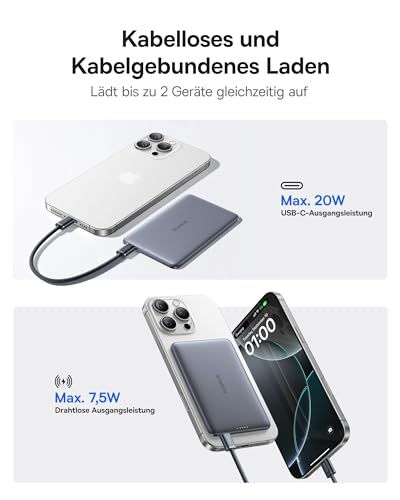 Picogo AM41 Power Bank, Ultra Slim 5000mAh Magsafe Powerbank, PD 20W Schnellladung, Portabel, Wireless Magnetische Externe Batterie mit USB C Kabel für iPhone 17/16/15/14/13/12, Space Grauer