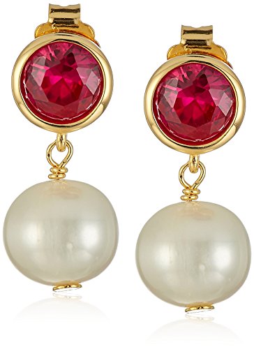 18k Yellow Gold Plated Sterling Silver Created Ruby and Freshwater Cultured Pearl Birthstone Drop Post Stud Earrings
