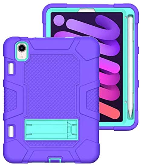 iPad mini6 2021 Case with Stand, Heavy Duty Shockproof Hard Hybrid Triple Layer Protective Case Softshell Apple Tablet Silicone Case (Purple+Mint Green)