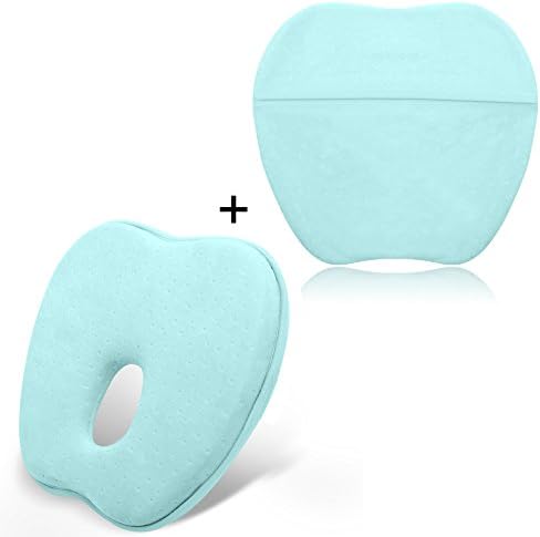 Newborn Baby Memory Pillow with Cover Infant Flat Head Sleep Cushion, Breathable Apple Shape Toddler Foam Head Positioner Pillow with cases for 0-12 Months Baby Anti-Roll by ZackX, Light Blue