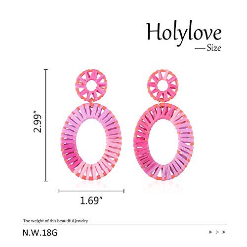 Statement Earrings for Women Rattan Drop Hoop Raffia Geometric Handmade Rainbow Earring Daily Party with Gift Box HLE142 Purple Pink - Thumbnail 4