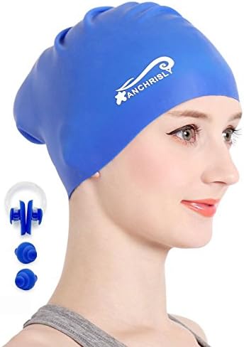 Silicone Long Hair Swimming Cap,Waterproof Swim Caps for Women Ladies Adults Kids Girls Keeps Hair Clean Ear Dry With Nose Clip and Ear Plugs (Blue)