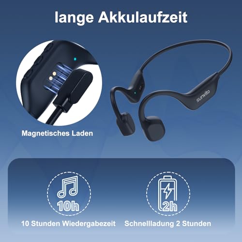 sunvito Knochenschall Kopfhörer Bluetooth 6.0, offene Bluetooth-Funkkopfhörer für Sport, wasserdichte, leichte Ohrhörer mit Ohrstöpseln für Laufsport, Fitnessstudio, Radfahren, schwarz