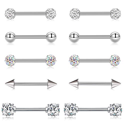 VFUN 14G Nipple Straight Barbells Ring Stainless Steel CZ Tongue Bars Rings Body Piercing Jewelry 16mm - Silver