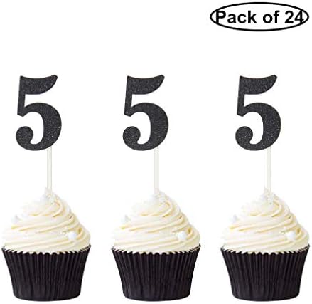 Suntop CraftsPack of 24 Number 5 Cupcake Toppers Black Glitter 5th Birthday Cupcake Picks Anniversary Party Decor