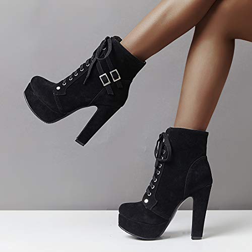 Susanny Women Autumn Round Toe Lace Up Ankle Buckle Chunky High Heel Platform Knight Suede Black Martin Boots 7.5 B (M) US - Thumbnail 7