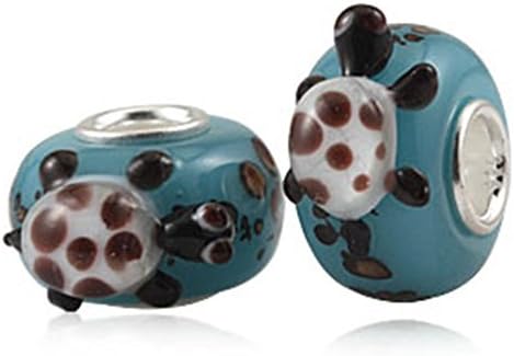 Sinebao Set of 2 Baby Playful Sea Turtle Surfing on Blue Sea Murano Glass Charm 3D Bead 925 Silver Core for European Style Ocean Bracelet (White Black Turtle)