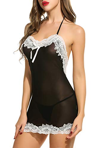 Avidlove Women Sexy Lingerie Halter Backless Lace Trim Babydoll G-String 2 Piece Set Sleepwear Black Large