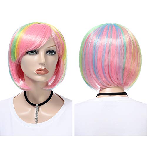 Wigood 14 inch Pink Bob Wig Short Straight with Free Wig Cap Cosplay Wigs for Kids Women