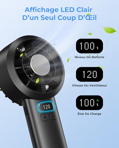 Ventilateur de Poche Portable Mini - 3000 mAh USB Rechargeable, Réglage Vitesse 1-120 avec Écran LED, Ventilateur Personnel Silencieux, Accessoire d'Été pour Voyage Extérieur Maison Bureau, Noir