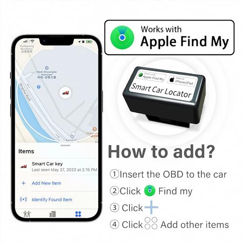 OBD Ⅱ Vehicle Tracker Work with Apple Find My Real-time Vehicle Tracking Device OBD Anti-Lost Device Finder for Cars No Subscription Needed Quick Installation Global Position iOS Only Black