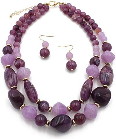 Happyplus1 Lady Women's Jewellery Set, Dual Layer Plastic Bead Statement Necklace Earrings Sets Women Costume Chunky Jewelry Set Women's Wedding Bridal Austrian Statement Gift (Color : Purple)