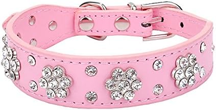 AM MARCH 12"-15" Rhinestone Bling plum flower Studded Leather Dog Collar, 0.98" Wide( Medium size,Pink)