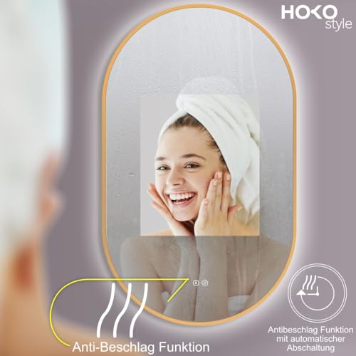 HOKO® Anti-fog LED Oval Mirror 50 x 90 / 90 x 50 cm with Gold Metal Frame. Vertical/Horizontal Mounting. Bathroom Mirror+Touch Switch+Hot/Cold/Neutral Light Change 2700-6500K