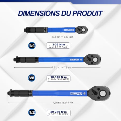 GoYwato 35-pièces Clés Dynamométriques, 1/2" 3/8" 1/4" Jeu de Clé Dynamométrique avec 3-230 N·m et Précision ±3%, Double éChelle, 45 Dents, 32 Accessoires CR-V, pour Voitures Vélo Moto Camion
