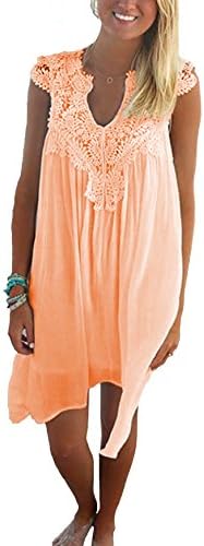 Amstt Women's Sleeveless Casual V neck Loose Solid Sun Beach Chiffon Lace Flared Midi Dress (L, Orange)