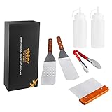 VIPITH 6 Piece Professional Grade Stainless Steel BBQ Grill and Griddle Spatulas Tool Kit Great for Grill Griddle Flat (2 Spatulas, 1 Chopper Scrapper, 1 Kitchen Tongs, 2 Condiment Bottles)