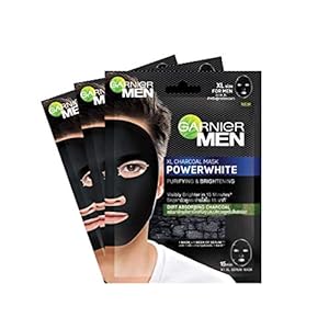 Garnier Men, Sheet Mask, Purifying and Brightening, PowerWhite XL Charcoal Mask, Pack of 3, 84g
