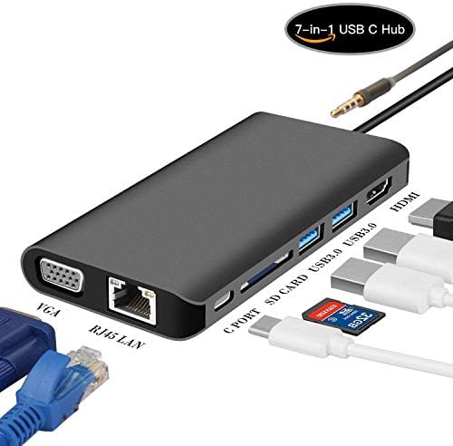 DUTOP USB C Hub,7 in 1 Aluminum Hub Type C Adapter with Charging PD 3.0 to HDMI+VGA+RJ45+2XUSB 3.0+SD Card Reader+3.5mm Audio Support for MacBook 9/13/14 iMac18 LenovoThinkPad X1 Dell ALIENWARE13 etc