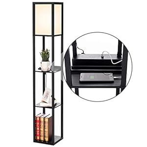 PROMECITY vloerlamp met plank met USB-oplaadaansluiting, torenopslagplanken voor slaapkamers, moderne vloerlamp en…