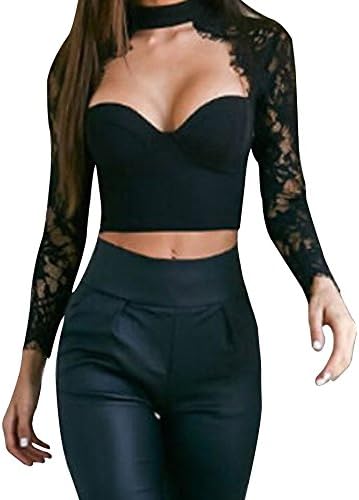 Women Sexy Bustier Crop Tops Lace Hollow Long Sleeve Zipper Blouse (Tag S -- US 4, Black)