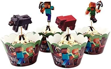 24 Packs Pixel Cake Toppers Dessert Cake Wrappers Decoration for Children's Birthday Party Graduation Christmas Event Decoration