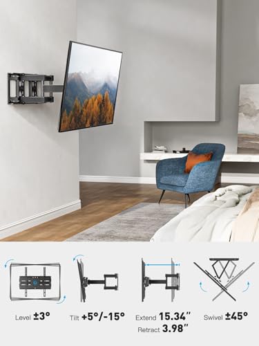 Pipishell TV Wall Mount for 26-74 inch Flat Curved LED LCD Screen TVs up to 45 kg, Full Motion TV Mount Bracket Articulating Swivel Extension Tilting Leveling, Max VESA 400x400mm, PIMFK1
