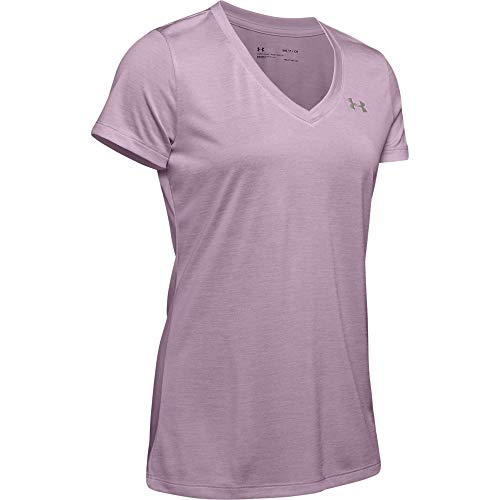 Under Armour womens Tech V-Neck Twist Short Sleeve T-Shirt, Pink Fog (694)/Metallic Silver, Large