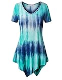 Messic Womens Short Sleeve V Neck Handkerchief Hem Tie Dye Tunic Top
