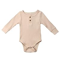 Emmababy Unisex Newbown Baby Girls Knitted Romper Long Sleeve Sweater Buttons Bodysuit Pajamas Top Fall Winter Clothing (Birth to 3 Months, Light Beige)