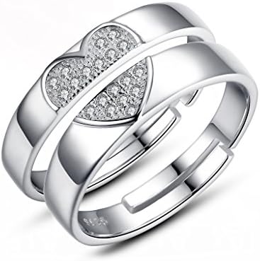 Wiw 925 Sterling Silver Rings for Couples Band for His and Hers Matching Rings Promise Wedding Rings of Bridal Sets with Heart Love Rings on Adjustable Men
