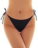 SHEKINI Womens Brazilian Low Rise Tie-Side Ruched Back Thong Bikini Bottom Swim Brief (Medium/(US 8-10), Manhattan Black)