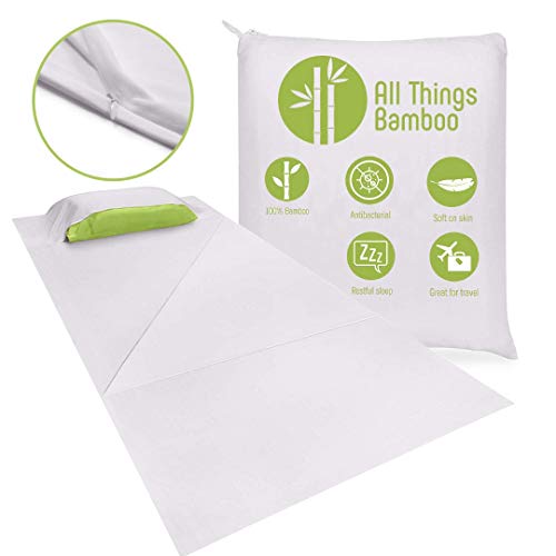 Travel Sheet/Sleeping Bag 100% Bamboo Travel Bedding for Camping/Hotel Stay and Other Travels – Beautifully Soft Roomy Lightweight Sleep Liner, Sack, Bag, Sheet- Pillow Pocket, Zippers, Carry Bag