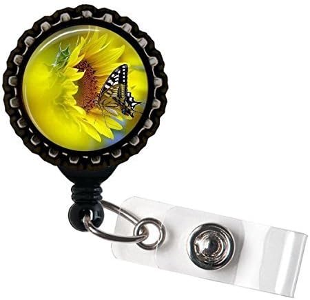 Sunflower Butterfly ID Badge Holder Retractable Reel Bottle cap Employee