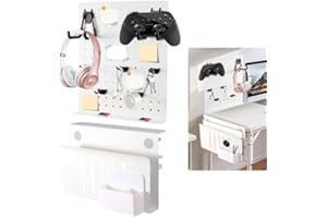 MILEGI Clamp-on Desk Pegboard Desk Side Storage, 2 in 1 Magnetic Metal Peg Board Hanging Desk Mount Organizer with 12 Hooks, Clip on Desk Shelves, Laptop Holder Vertical Desk Accessories White