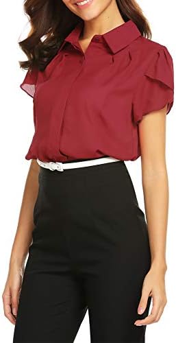 Gumod Women's Office Work Chiffon Blouse Shirts Tops Collared Pleated Button Down Casual Shirt