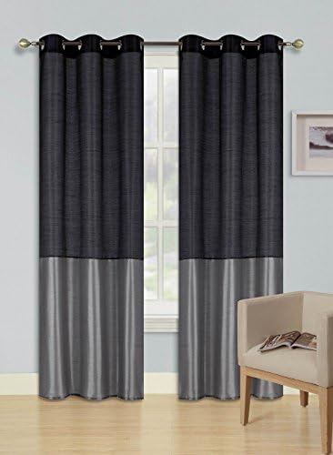 84" 1 Silky 2 Tone Solid Grommet Faux Silk Window Curtain Panel Black Silver