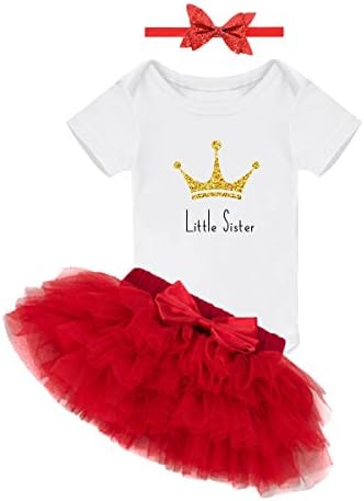 Amberetech Newborn Baby Girls Romper Dress Outfit Little Sister Cotton Bodysuit Onesie Tutu Dress Clothes (red, 0-3 Months)