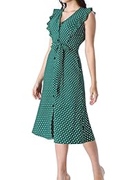 VFSHOW Vestido de verano para mujer, manga con volantes, bolsillos, trabajo, oficina, negocios, casual, fiesta, línea A, vestido mediano