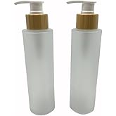2PCS 150ML/5oz Empty Refillable Frosted Glass Pump Bottles Container Holder Vials Pot Storage with Bamboo Screw Pump Head for Bath Shower Shampoo Hair-Conditioner Cleanser Makeup Liquids