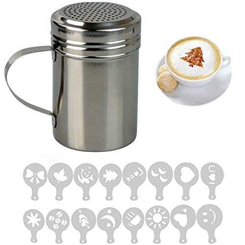 LIVIVO Fineway Stainless Steel Chocolate Shaker Duster + 16 Cappuccino Coffee Barista Stencils