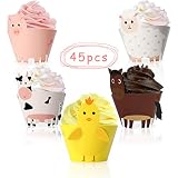 45PCS Farm Animal Cupcake Wrappers Toppers for Baby Shower Farmhouse Birthday Party Supplies Cake Decorations