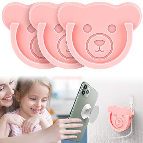 Car Grips Mount for Phone Stand Cute Bear Style Silicone Phone Holder with Phone line Clasp for Collapsible Grip/Socket Mount User Used on Dashboard, Home, Office, Kitchen, Desk, Wall (Pink) 3 Pack