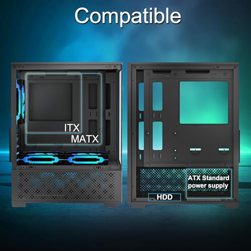 Micro ATX Case, MATX,ITX PC Case with 2 X 120mm ARGB Fan Pre-Installed, Panoramic View Tempered Glass Front & Side Panel, Black