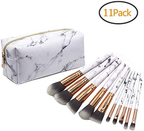 Marble Makeup Brush 10Pcs Make Up Brush Sets with White PU Leather Makeup Brush Bag Face Eyeliner Blush Contour Foundation Cosmetic Brushes for Women Powder Liquid Cream Brush Organizer Bag Holder